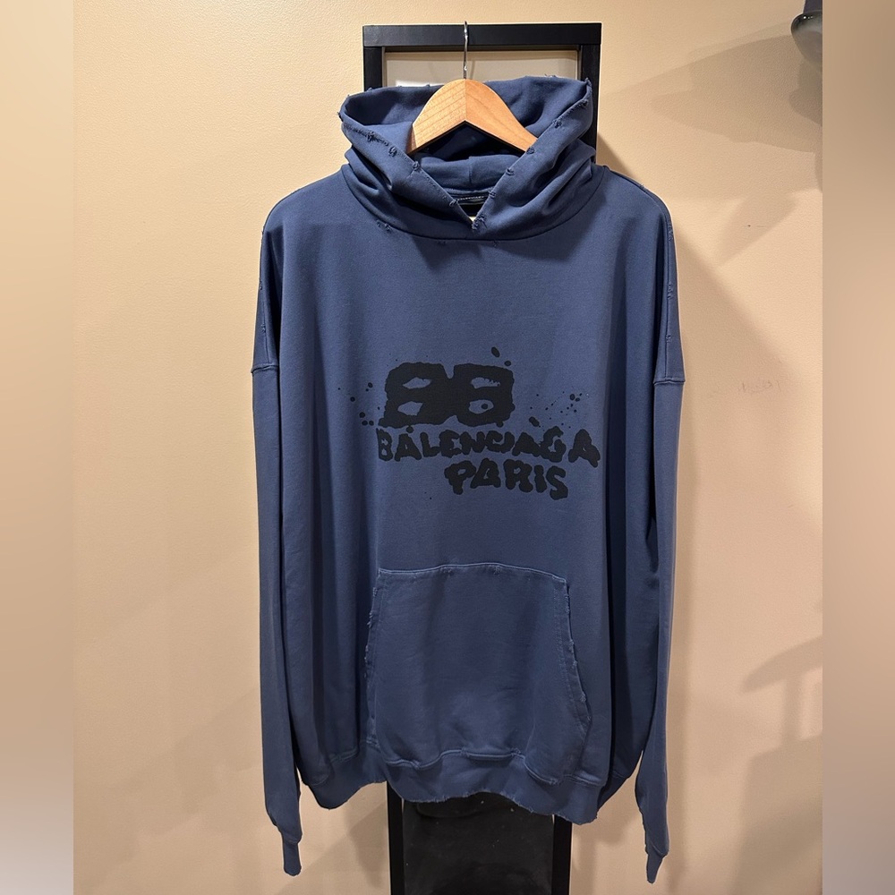 Balenciaga Oversize Spray Bleach Graffiti Print Logo Dark Blue Hoodie